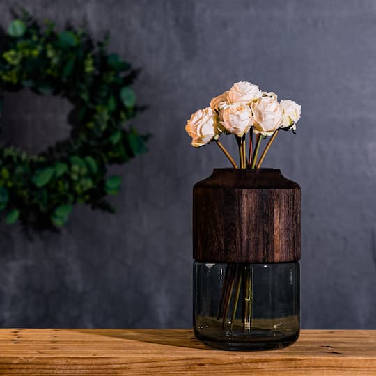 11" Sage Glass Vase with Wood Accent